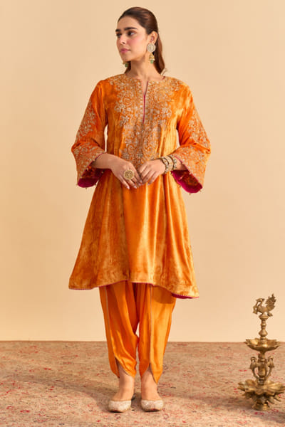 Orange aari tilla embroidered velvet choga set