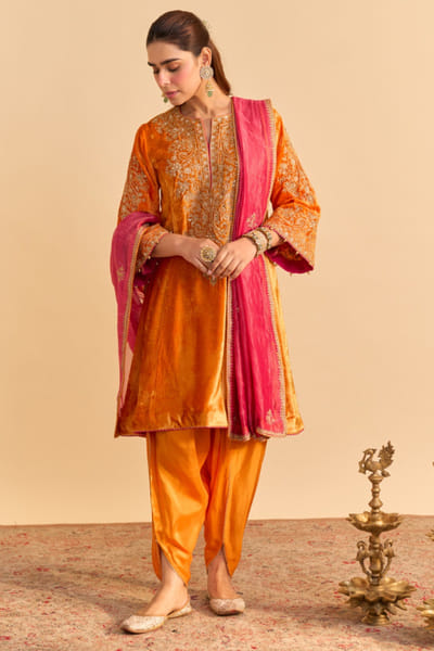 Orange aari tilla embroidery velvet choga set
