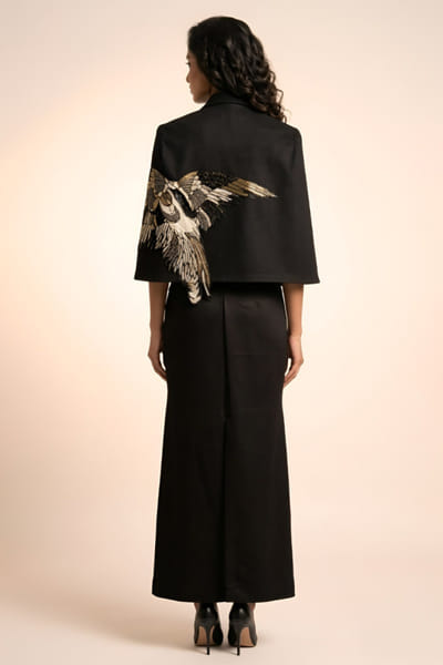 Eshaani Jayaswal Black bird sequin  applique cape-skirt set ESHAMAY26D244028