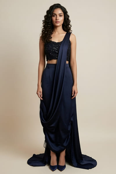 Eshaani Jayaswal Blue embroidered pre-draped sari set ESHAMAY26D244031