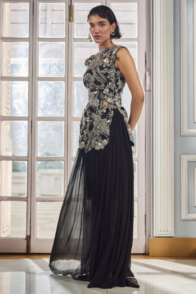 Eshaani Jayaswal Black cutdana- shell embroidered maxi dress ESHAMAY26D244018
