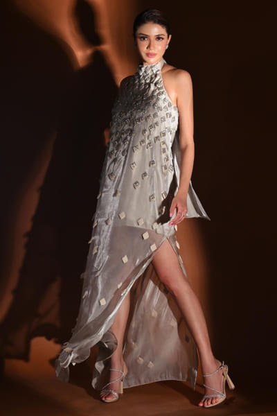 Eshaani Jayaswal Champagne cutdana applique asymmetric dress ESHAMAY26D244021