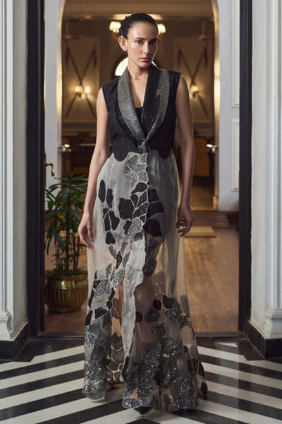 Eshaani Jayaswal Black sequin embroidered sheer jacket-pant set ESHAMAY26D244016