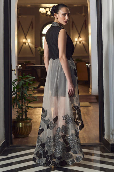 Eshaani Jayaswal Black sequin embroidered sheer jacket-pant set ESHAMAY26D244016