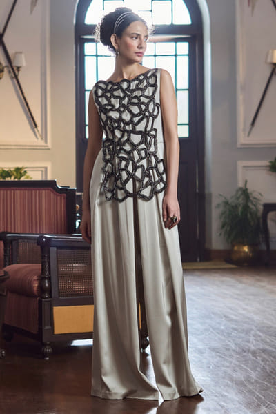 Eshaani Jayaswal Silver-grey cutdana cutwork wide leg jumpsuit ESHAMAY26D244017
