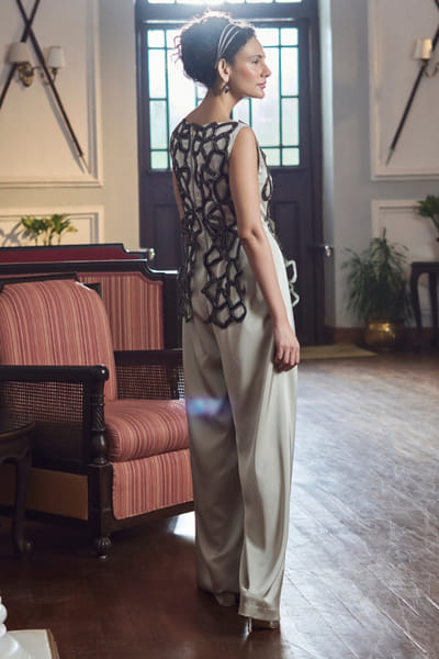Eshaani Jayaswal Silver-grey cutdana cutwork wide leg jumpsuit ESHAMAY26D244017