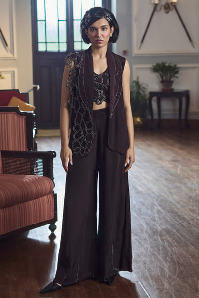 Eshaani Jayaswal Wine cutdana cutwork long jacket-pant set ESHAMAY26D244020
