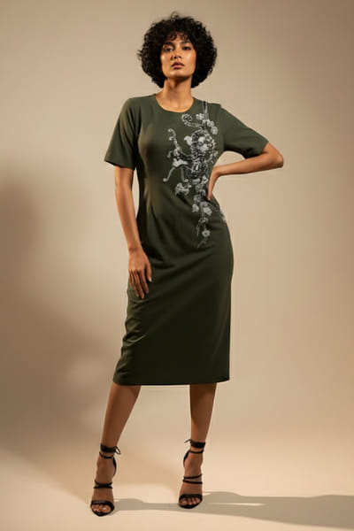 Eshaani Jayaswal Olive applique bodycon midi dress ESHAMAY26D143817