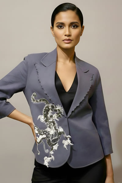 Eshaani Jayaswal Grey floral and dragon applique blazer ESHAMAY26D143815