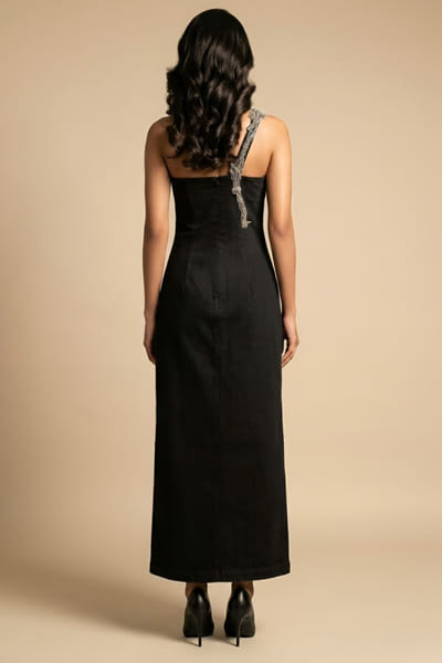 Eshaani Jayaswal Black applique one-shoulder maxi dress ESHAMAY26D143813