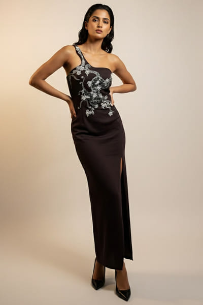 Eshaani Jayaswal Dark brown applique one-shoulder maxi dress ESHAMAY26D143816