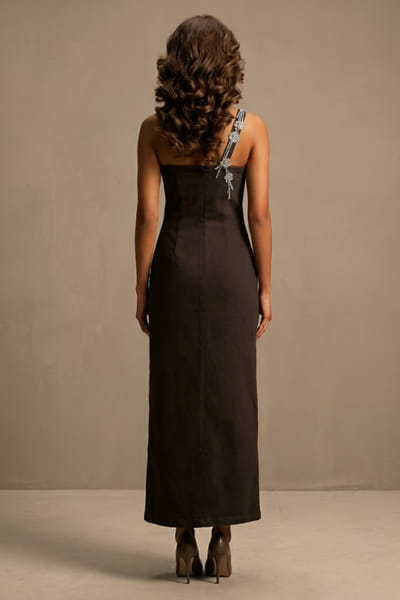 Eshaani Jayaswal Dark brown applique one-shoulder maxi dress ESHAMAY26D143816