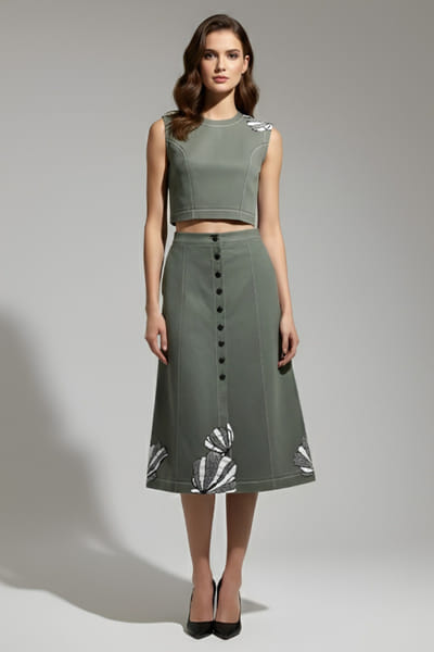 Eshaani Jayaswal Olive floral applique denim top and skirt set ESHAMAY26D244010