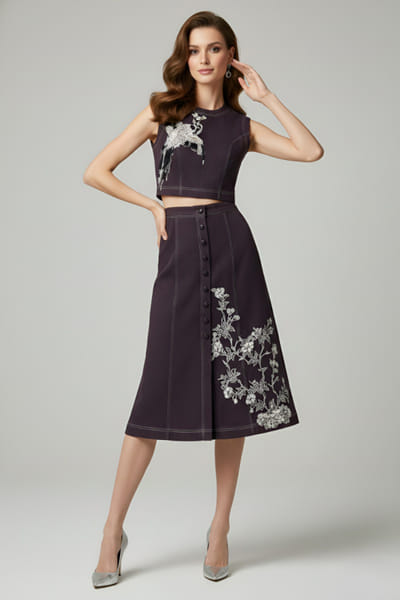Eshaani Jayaswal Wine bird and floral applique denim skirt set ESHAMAY26D244011