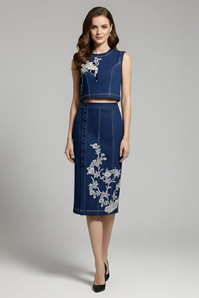 Eshaani Jayaswal Blue floral-bird applique denim skirt set ESHAMAY26D244015