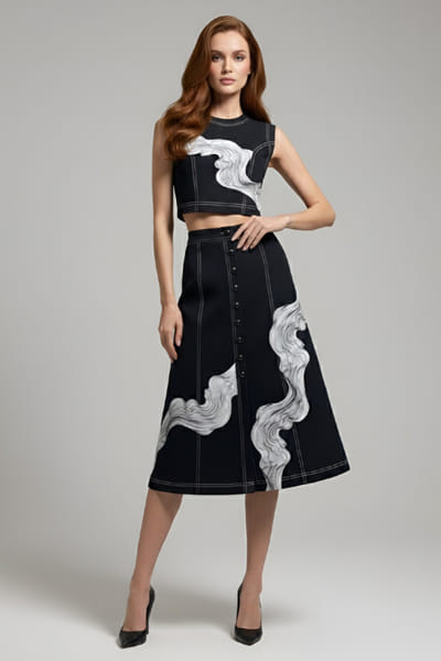 Eshaani Jayaswal Black wave applique denim crop top-skirt set ESHAMAY26D244014