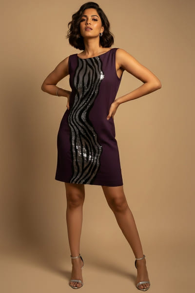 Eshaani Jayaswal Wine sequin embroidered sleeveless shift dress ESHAMAY26D143805