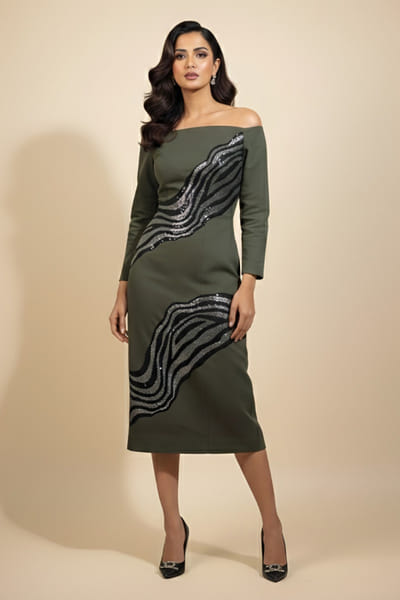 Eshaani Jayaswal Olive sequin embroidered off-shoulder dress ESHAMAY26D143807