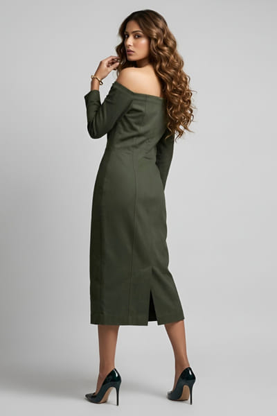 Eshaani Jayaswal Olive sequin embroidered off-shoulder dress ESHAMAY26D143807