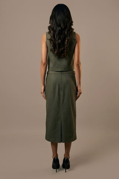 Eshaani Jayaswal Olive sequin embroidered pencil midi skirt set ESHAMAY26D143810