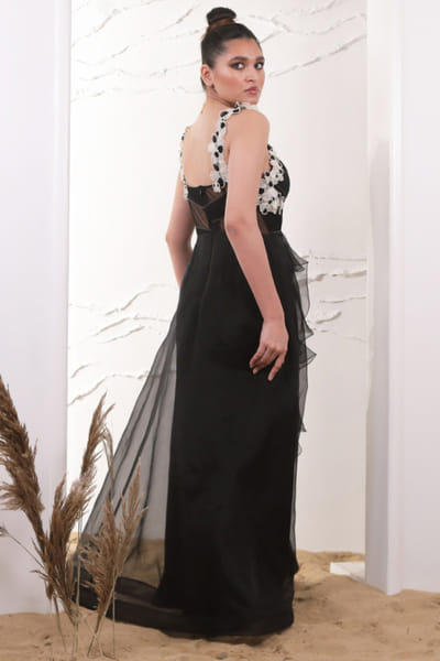 Eshaani Jayaswal Black floral applique ruffled maxi gown ESHAMAY26D244023