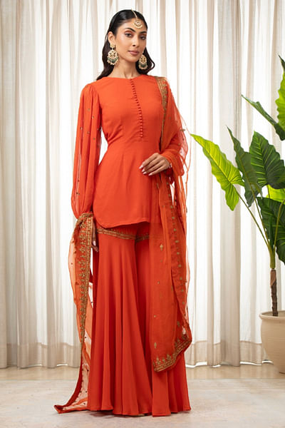 Rust embroidered sharara set