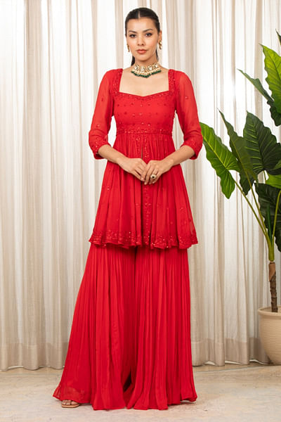 Red embroidered peplum sharara set