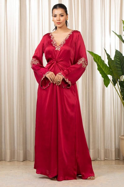 Red floral embroidered knot draped kaftan