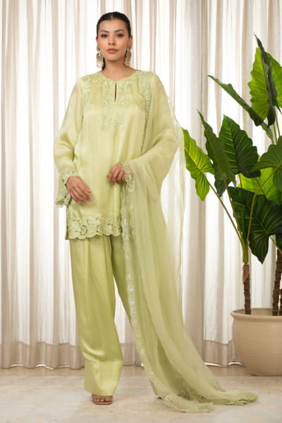 Pista green floral embroidered kurta set