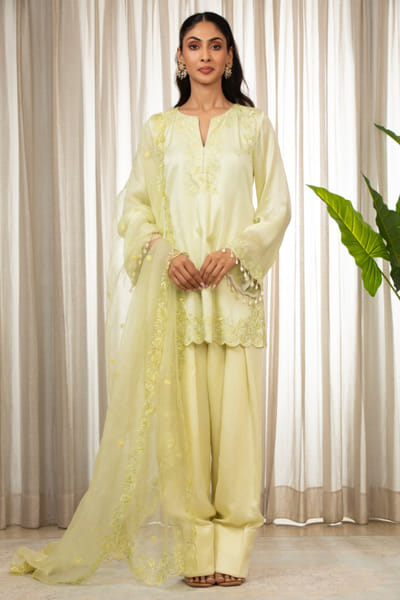 Butter yellow floral embroidered kurta set