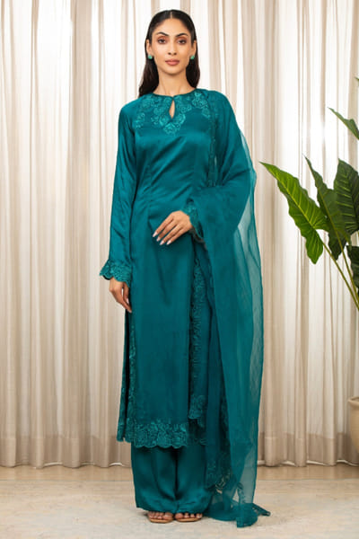 Teal blue floral embroidered kurta set