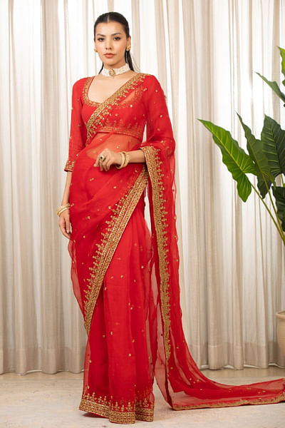 Red dori embroidered sari set
