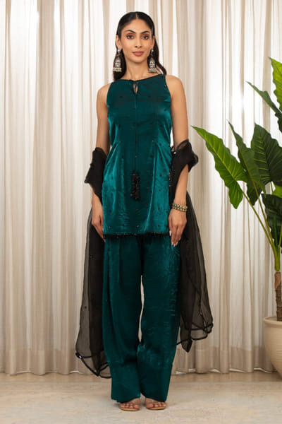 Bluish green resham embroidered kurta set