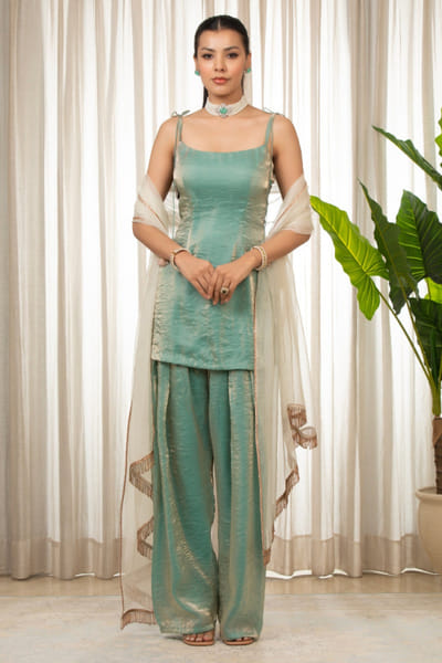 Sky blue dori tie-up kurta set