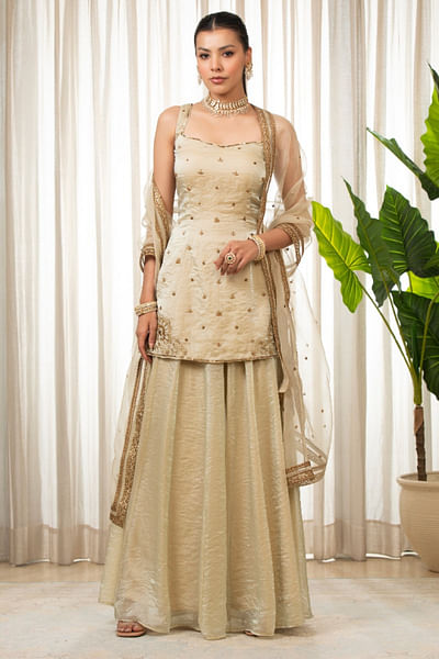Cream shimmery sharara set