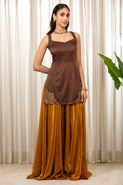 Gold and brown shimmery sharara set