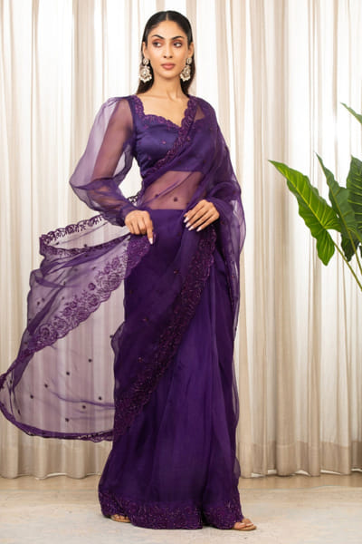 Purple floral embellished scalloped sari set