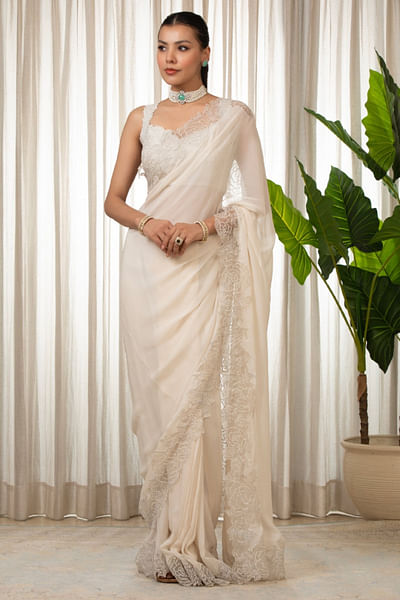 White floral embroidered sari set