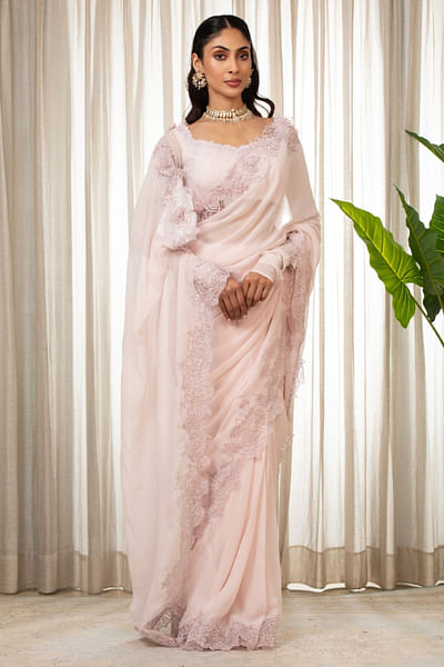 Baby pink floral embroidered sari set