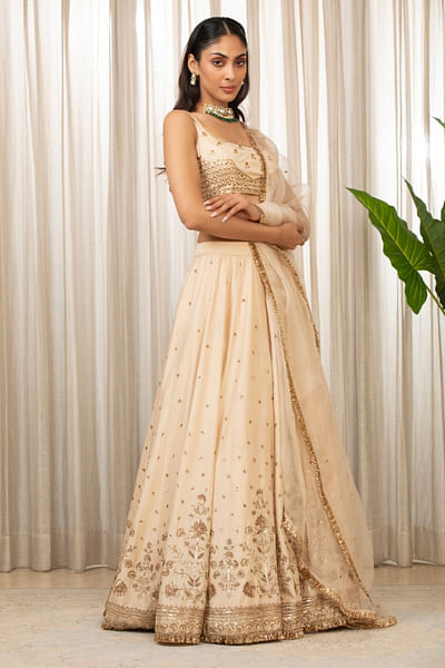 Cream floral dabka embroidered lehenga set