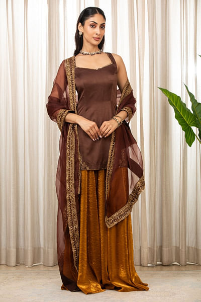 Gold and brown satin sharara set