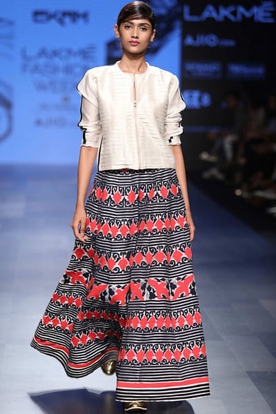 Pleated crop top with panelled applique skirt