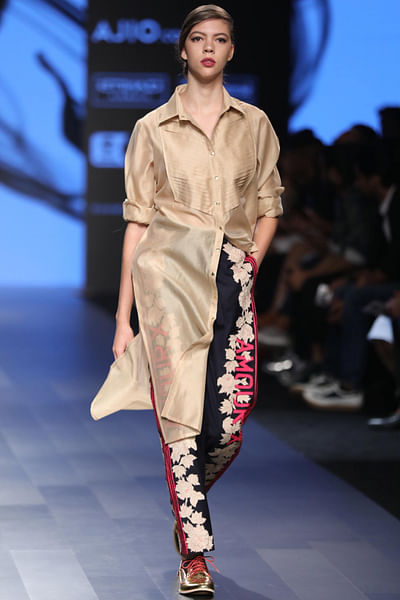 Gold pleated shirt with side embroidered trousers