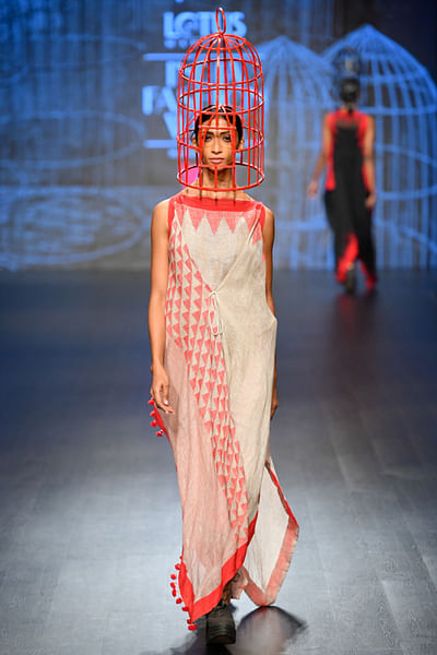 Off white and red asymmetric dress with dhoti pants