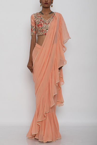 Peach frill saree and blouse