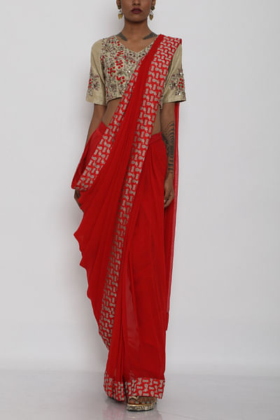 Red and beige saree with blouse
