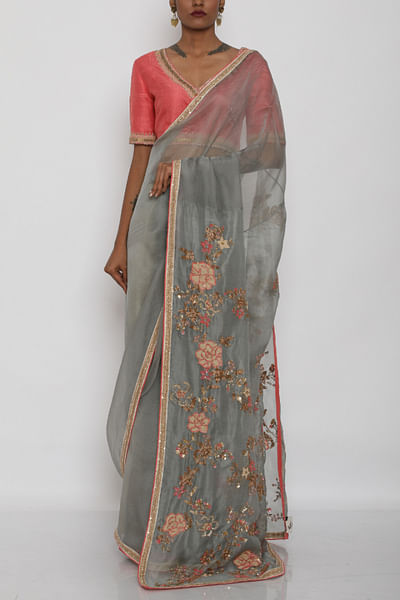 Grey embroidered saree and blouse