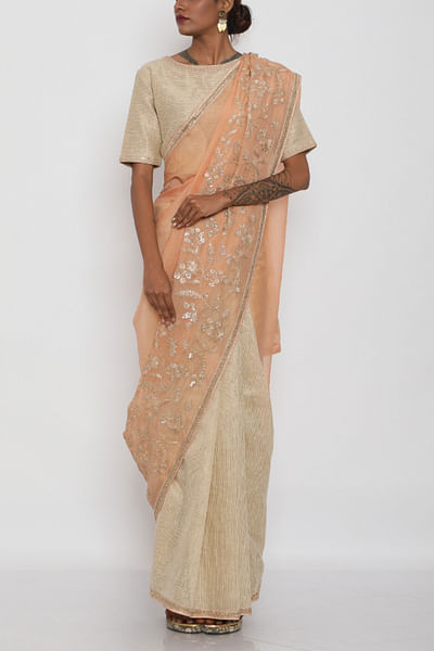 Peach and gold embroidered saree with blouse