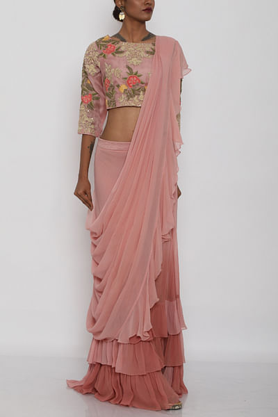 Pink and peach ruffle saree and blouse
