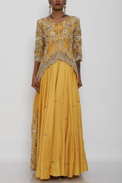 Yellow embroidered gown and jacket